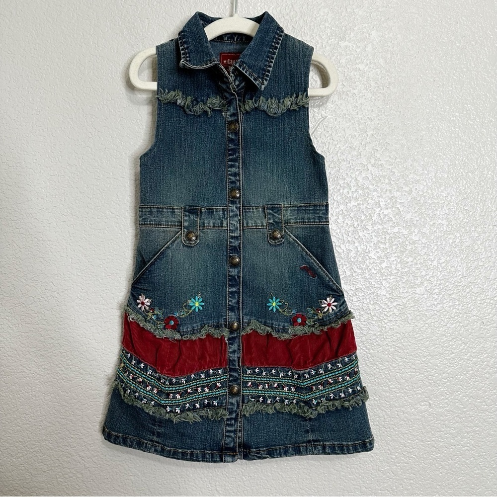 Guess Girls Toddler Boho Denim Embroidered Floral Sleeveless Dress, Sz Large/4T